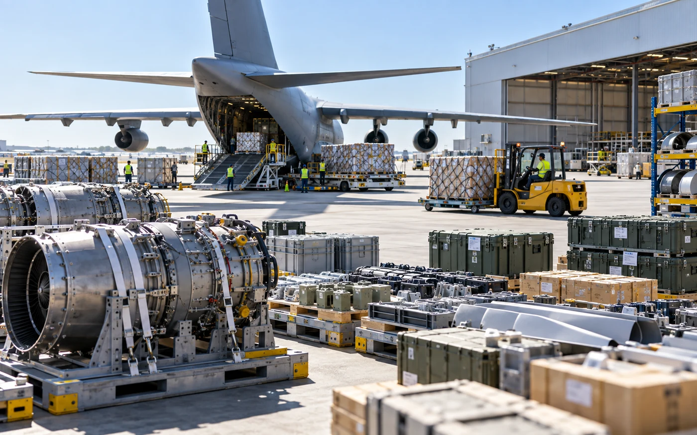 Military cargo aircraft loading aerospace and defense components