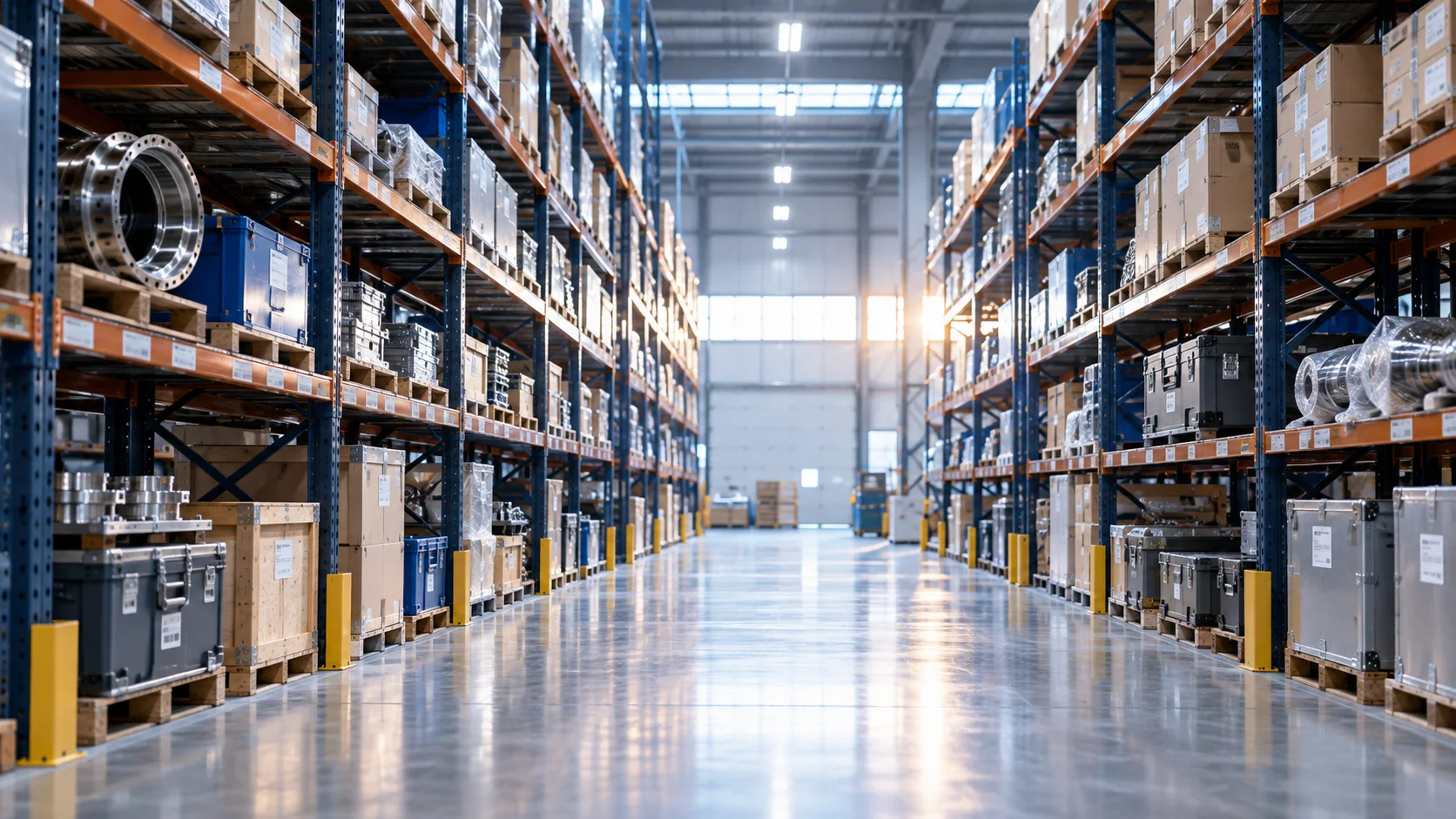 Warehouse aisle with organized inventory